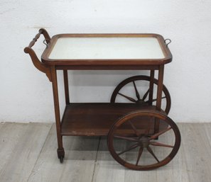 Vintage Wooden Tea Cart With Removable Mirror Tray