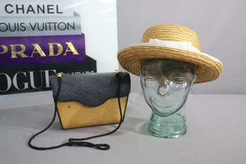 Cute Set Straw Hat With White Ribbon And A Small Vintage Straw Shoulder Bag