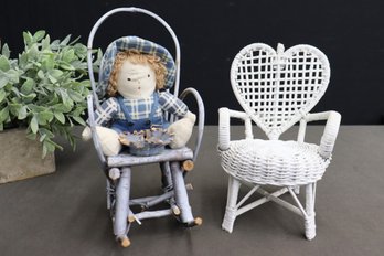 Fabric And Yarn Doll In Rustic Rocking Chair And White Woven Heart Back Chair (doll Size)