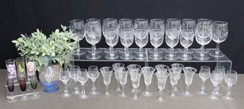 Group Lot Of Etched Glass Stemware, Colored Glassware, And Three Novelty Highball Glasses