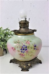 Painted Floral Glass Globe Antique Oil Lamp Converted To Electric