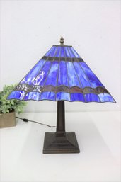 Tiffany-style Blue On Black Square Shade On Deco Bronze Style Lamp Base