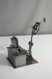 Nuts & Bolts Metal Sculpture Figurine Frustrated Office Worker-(8'h ). Signed On Bottom