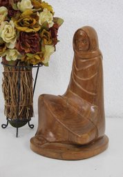 Carved Wooden Sculpture Of Enrobed Seated Woman