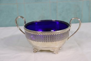 Silver Plate Adams Basket With Cobalt Glass Bowl Liner