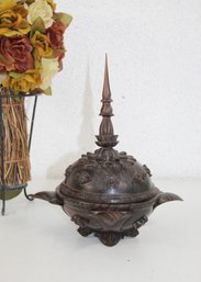 Beautifully Carved Rosewood Temple Jar - High Spire Finial (repaired Break Of Finial, Tilting But Attached)