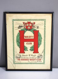 Harvard Varsity H Club Certificate Poster-May  1939