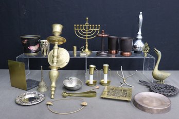 Group Lot Of Brass And Assorted Mixed Metal Objects