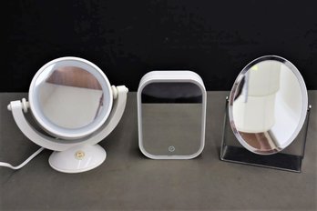 3 Personal Make-Up Vanity Mirrors - One Lighted, One Pop-Up, One Chrome Frame