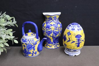 Group Of Yellow & Blue Chinese Ceramics: Teapot (8'H), Egg Figurine (7.5'H), Wall Mount Vase (9.5'H)