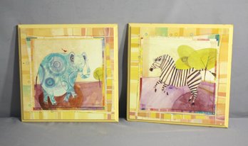Two Jungle Frames For Baby's Room By Robbin Rawlings On Wood -Elephant, Zebra,
