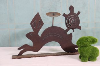 Whimsical Hare And Turtle Rusticated Iron Silhouette Pillar Candle Holder