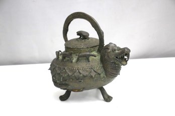 Antique Teapot With Asian Dragon Spout , Decorated With Animals Around It