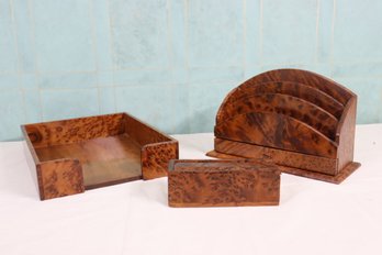 Burl Wood Sides And Maple Base Desk Accessory 3 Piece Set