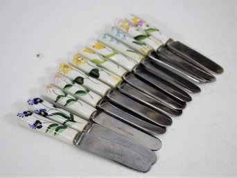 Group Lot Of 12 Portuguese Ceramic Handle Butter Knives - 6 Varied Flower Patterns