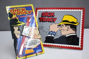 Dick Tracy Tin Sign And A Vintage  Dick Tracy 2 Way Wrist Watch Playmates Walt Disney 1990