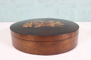 Inlaid Mahogany Oval Box With Center Back Hinge And Pink Floral Lining