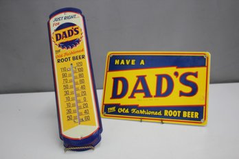 Dad's Root Beer Tin Sign And Vintage Dad's Metal Thermometers