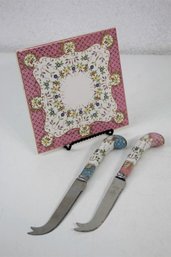 Glazed Porcelain Tile Cheese Plate And Two Porcelain Handle Cheese Knives
