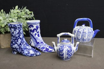 Group Lot Of Mixed Blue & White Ceramic Tea Pots And Boot Vases
