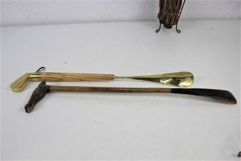 Two Long-reach Wooden Shoe Horns - One Golf Club Head And One Horse Head