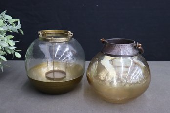 Two Hammered Metal And Glass Globe Tea Light Holders