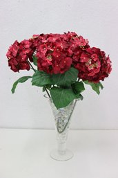 Artificial Hydrangea Floral Arrangement In Glass Vase With Glass Pebble Beads