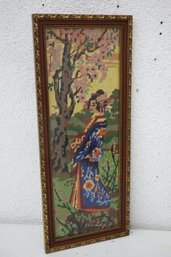 Vintage Framed Hand Embroidered Asian Japan/Chinese Geisha Girl Needlepoint Art