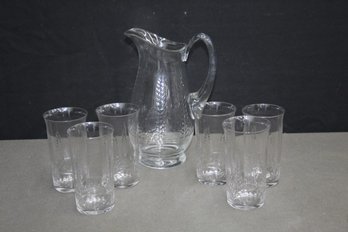 Vintage Wheat Emblazoned Cut Glass Pitcher And Six Water Glasses
