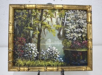 'River And Landscape Scene' Oil Painting - On  Faux Bamboo Frame