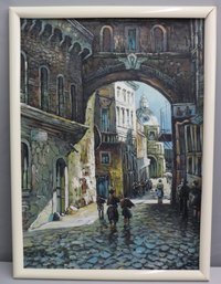 Old Europe Streetscape Print  Signed LR, In Modern White Frame