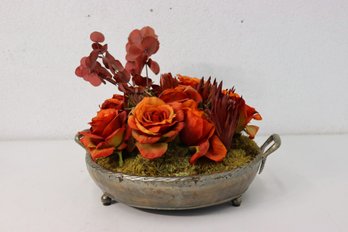 Synthetic Rose And Eucalyptus Flower Arrangement In Rusticated Centerpiece Bowl