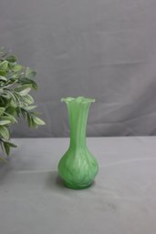 Art Glass Vase Green And White Ruffled Rim