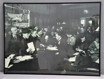 Vintage B &W Photo Print Of Scene At Red Star Line Antwerp To New York Check In, Framed