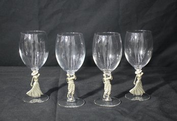 Set Of 4 Golfer Figurine Stemmed Wine Glasses