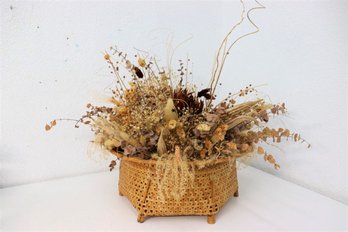 Artificial Dried Wild Flower And Grasses Bouquet In Rattan Planter