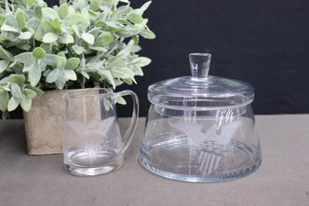 Flying Eagle Etched Glass Creamer And Lidded Sugar Set