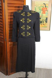 Vintage 100% Wool Long Skirt Suit With Gold Embellishments