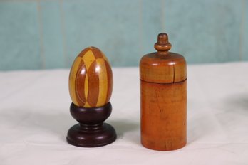 Antique Hand-carved Satin Wood And Rosewood Lidded Cylindrical Box & Parquetry Egg With Stand