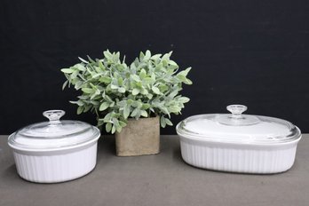 1 CorningWare French White Stone Ware 2.5QT Oval Covered Casserole & 1 Round 1.5QT Covered Casserole