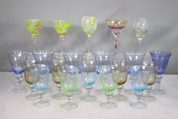 Group Lot Of Variety Multi-Colored Goblet & Clear Stem Glasses