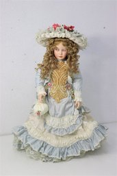 Vintage Porcelain Doll W/Doll Stand Blonde Curls, Blue Dress, Pink Eyes