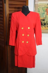 Striking Jovien New York Red Skirt Suit Set With Gold Button Accents - Size Small/Medium