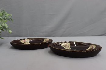 Pair Of  Ashtrays Mid Century Retro Brown Glazed Pottery Japan