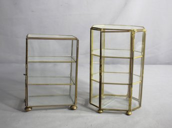 'Pair Of Vintage Miniature Brass And Glass Display Cases