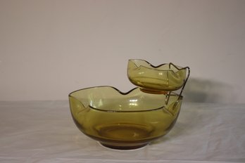 Vintage Anchor Hocking Accent Modern Yellow/amber Glass Chip And Dip Set Bowls