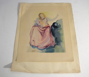 Unframed Signed Salvador Dal Style Watercolor  Woman In Pink Gown