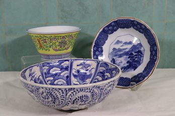 3 Piece Lot Of Chinese Porcelain: 1 Blue/white Bowl And 1 Platter And 1 Famille Jaune Conoid  Centerpiece