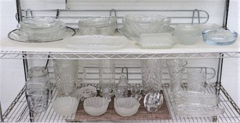 Two Shelf Lot Of Glass And Crystal Tabletop, Kitchen, And Decorative Items