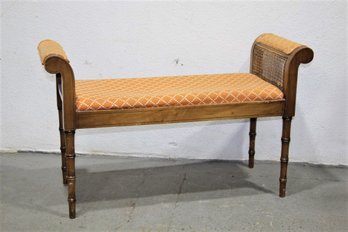 Hollywood Regency Style Scrolled Arm Bench With Faux Bamboo Legs And Caned Side Panels